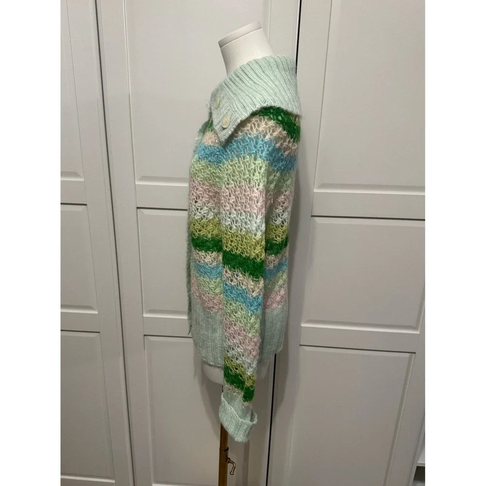 Free People‎ Stripe Cardigan Pastel Green, Pink, Blue Shawl Collar Wool Blend M